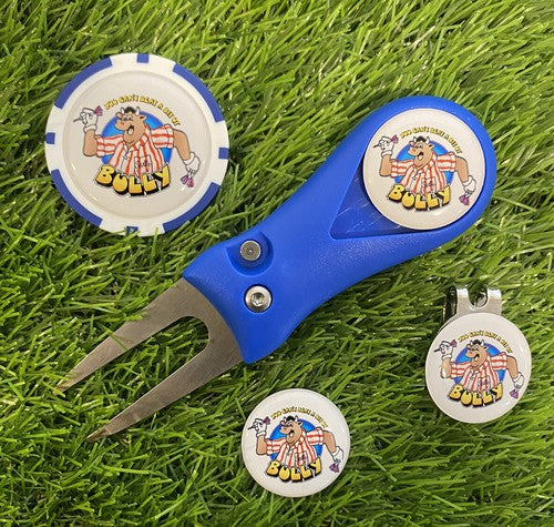 Golf Pitchfork Magnetic Hat Clip With 3 Bullseye Bully Markers And Pok