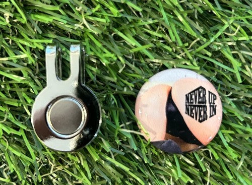 Never Up Never In Sexy GOLF BALL MARKER AND Super Strength Hatclip.
