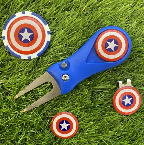 Golf Pitchfork Magnetic Hat Clip With 3 Captain America Markers And P