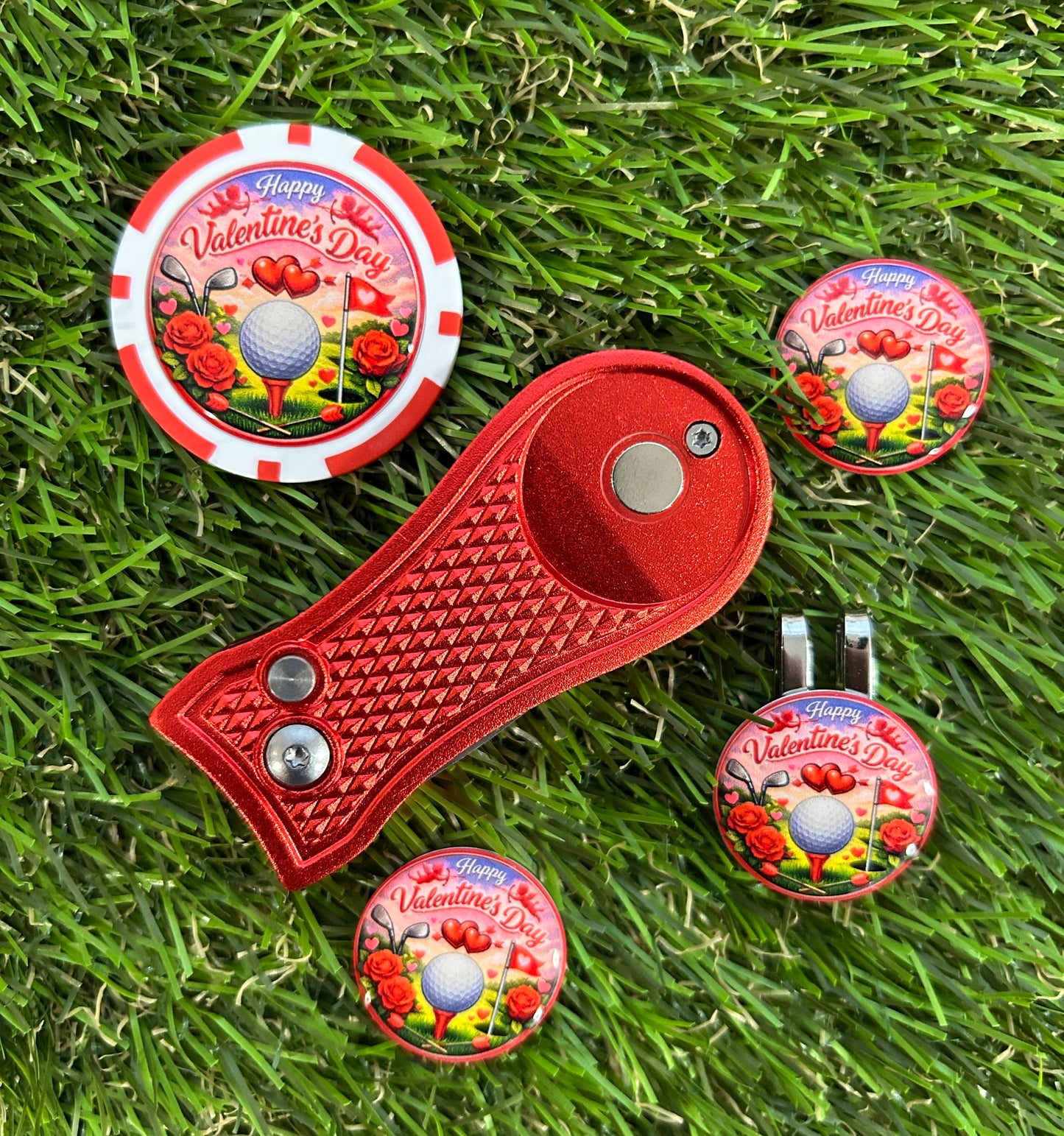 Red Valentines Day Golf ball marker with metal pitchfork and poker chip