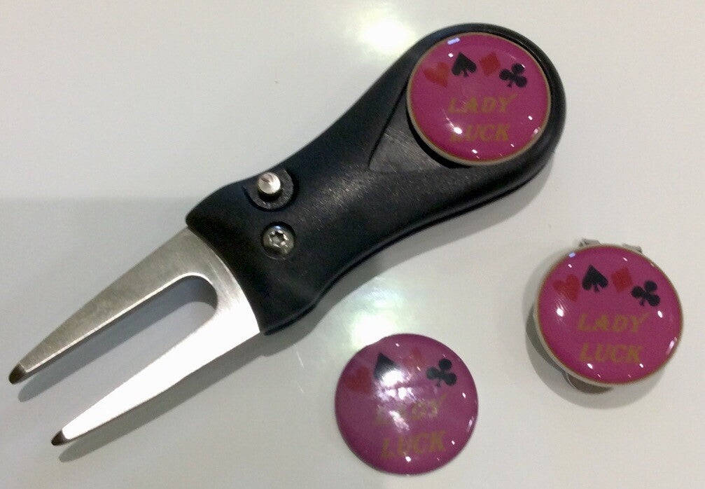 Golf Pitchfork Magnetic Hat Clip With 3 Lady Luck Markers