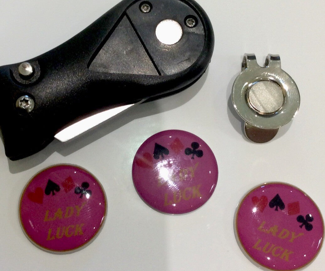 Golf Pitchfork Magnetic Hat Clip With 3 Lady Luck Markers