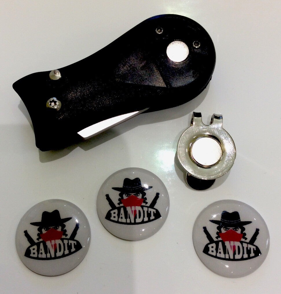 Golf Pitchfork Magnetic Hat Clip With 3 Red Scarf Bandit Markers