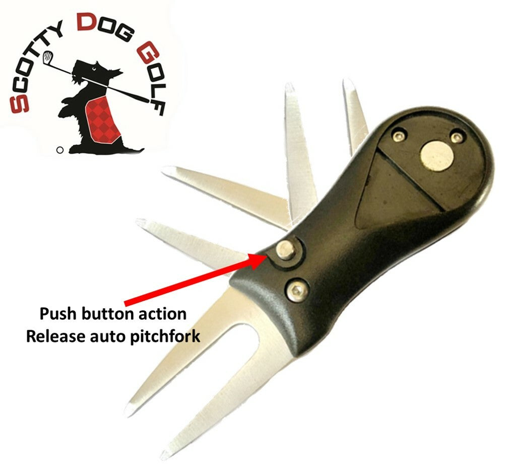Golf pitchfork with push button action labeled, Scotty Dog Golf logo in the corner.