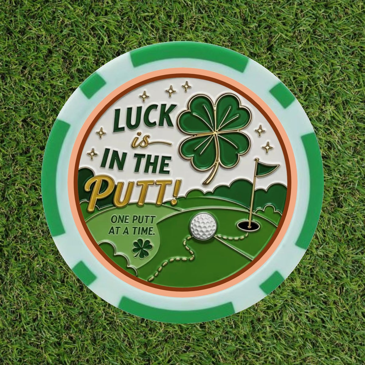Luck Is In The Putt Golf Ball Marker - Lucky Shamrock Poker Chip