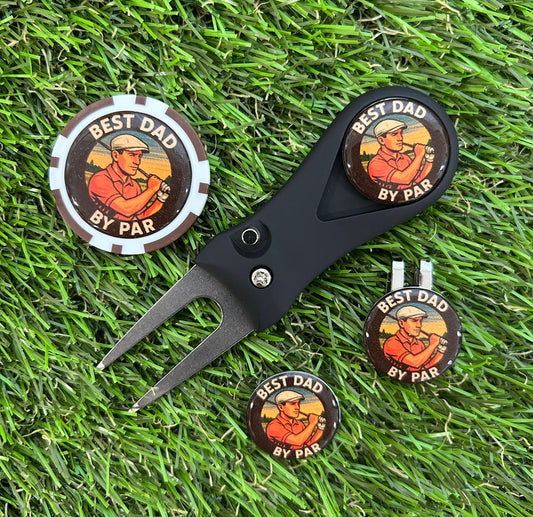 Plastic Golf divot tool set with 'Best Dad by Par' design