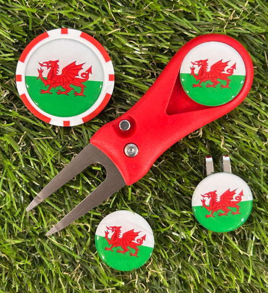 Golf divot tool and markers with Welsh flag design