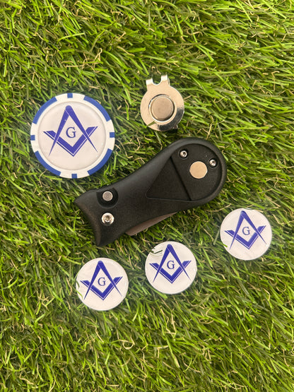 Golf Pitchfork Magnetic Hat Clip With 3 Masonic Markers and Poker Chip