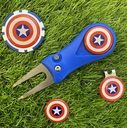 Golf  Pitchfork Magnetic Hat Clip With 3 Captain America Markers And P