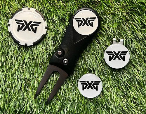 Golf  Pitchfork Magnetic Hat Clip with 3 PXG Markers and Poker Chip