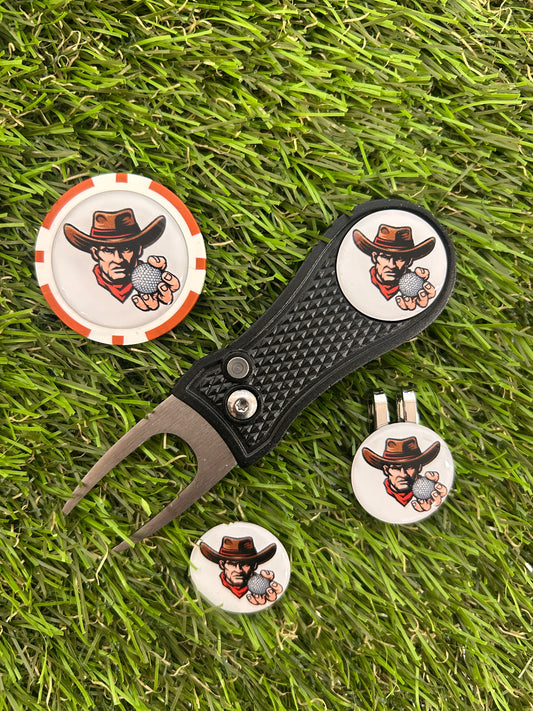 Golf Bandit (2) Golf ball marker with metal pitchfork and poker chip