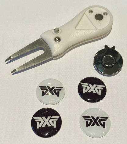 Golf  White Pitchfork Magnetic Hat Clip With 4 PXG 25mm Markers