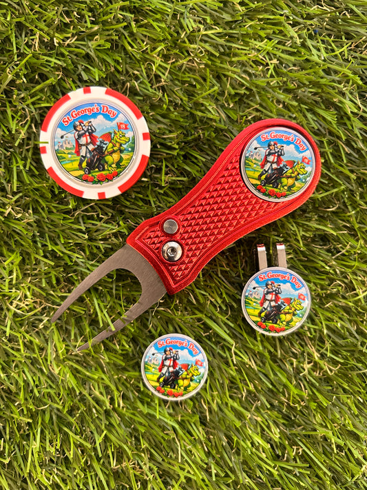 St George’s  Day Golf ball marker with metal pitchfork and poker chip