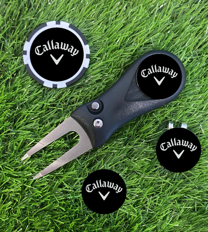 Golf Switchblade Pitchhfork Magnetic Hat Clip With 3 Callaway Markers and Poker chip