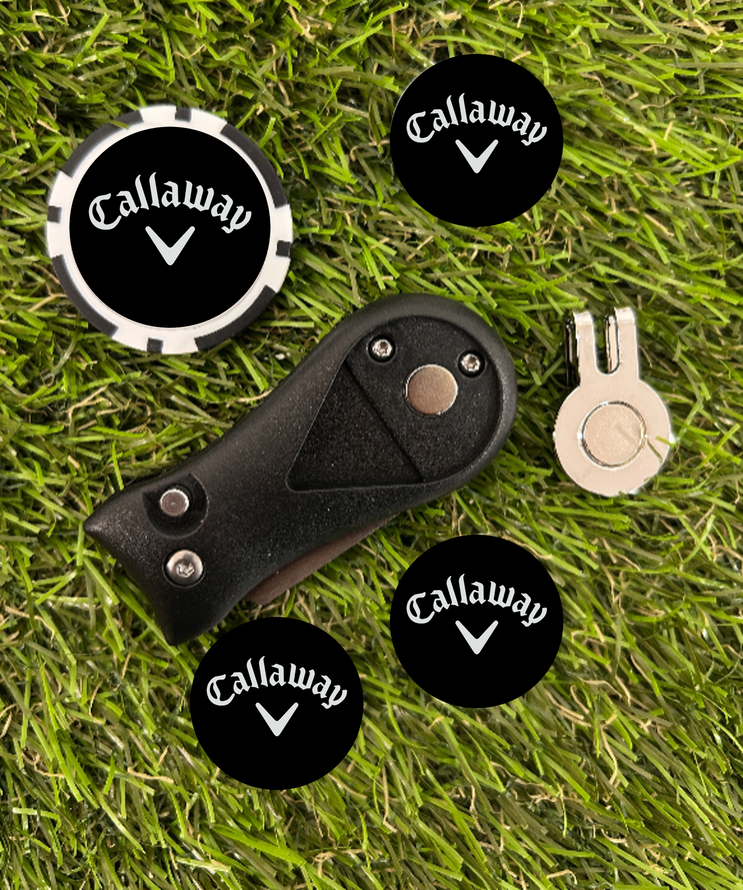 Golf Switchblade Pitchhfork Magnetic Hat Clip With 3 Callaway Markers and Poker chip