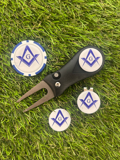 Golf Pitchfork Magnetic Hat Clip With 3 Masonic Markers and Poker Chip