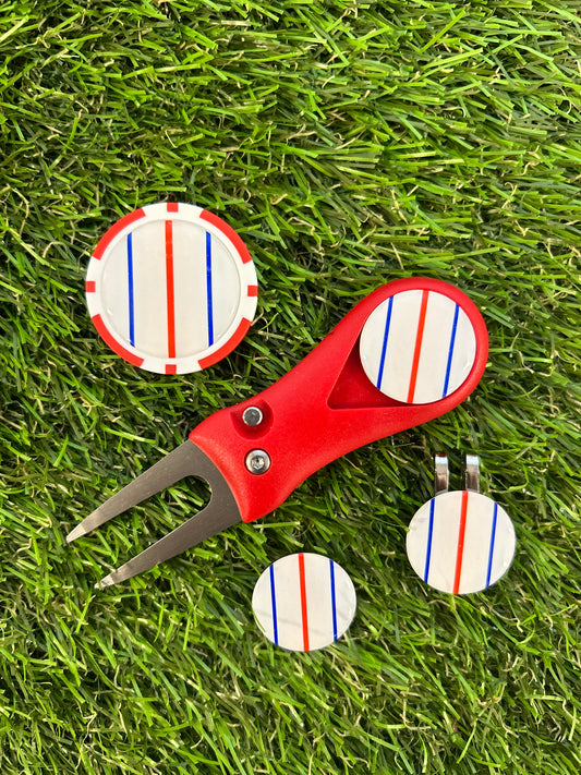 Triple Track Golf Ball Line Marker Pitchfotk Hatclip  Marker Sets choice of red or blue.