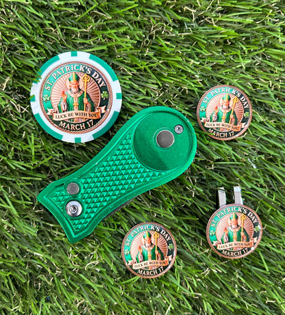 St Patrick’s Day Golf ball marker with metal pitchfork and poker chip