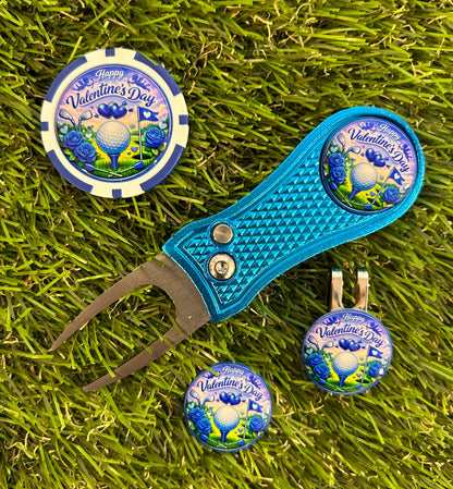 Blue Valentines Day Golf ball marker with metal pitchfork and poker chip